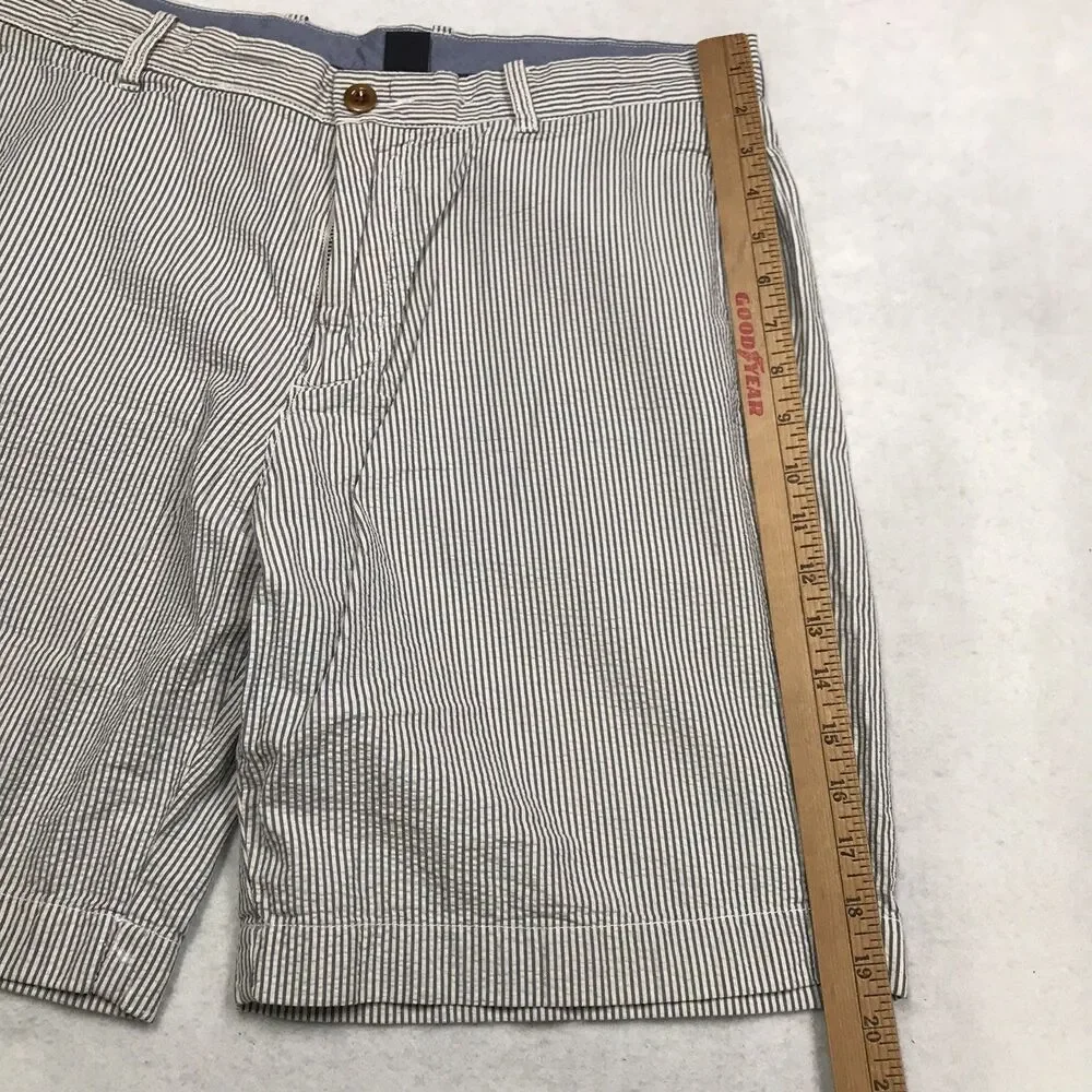 J CREW Seersucker Shorts Men 34 Blue Hickory Railroad Stripe Flat Front Chino